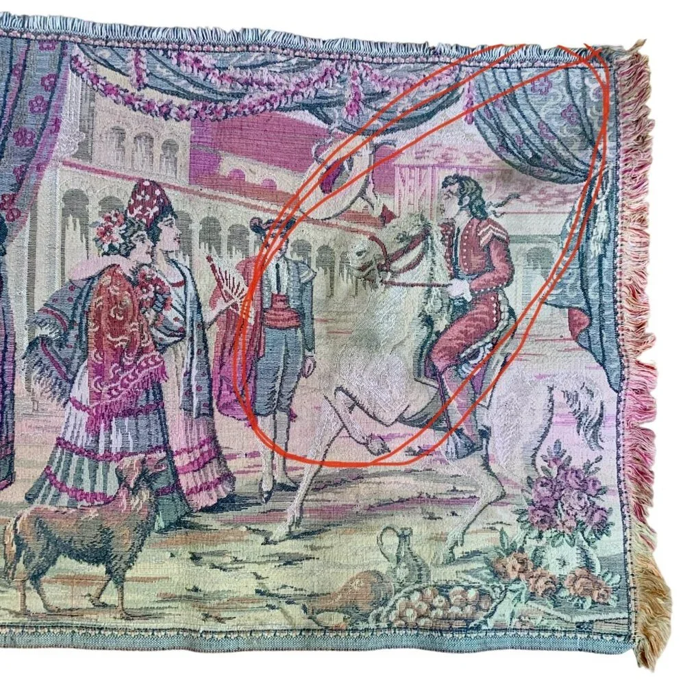 VTG Italian Tapestry Wall Hanging Elegant 19th Century Garden Scene Courting